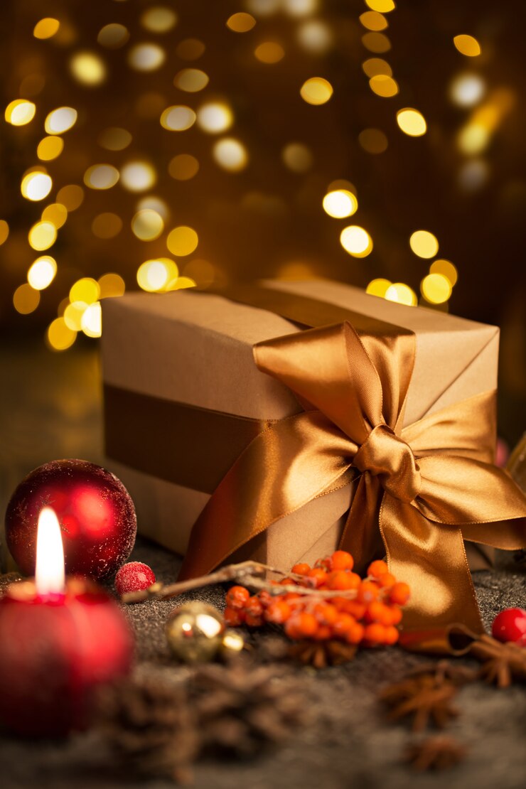 Foto regalo de navidad y vela