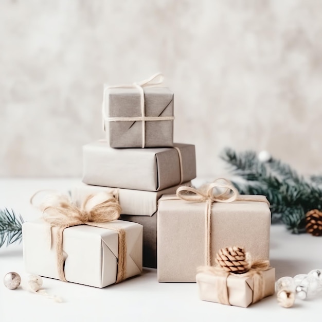 Un regalo de Navidad xmas o objetos de caja de regalos en el fondo del estado de ánimo navideño en invierno Feliz Navidad