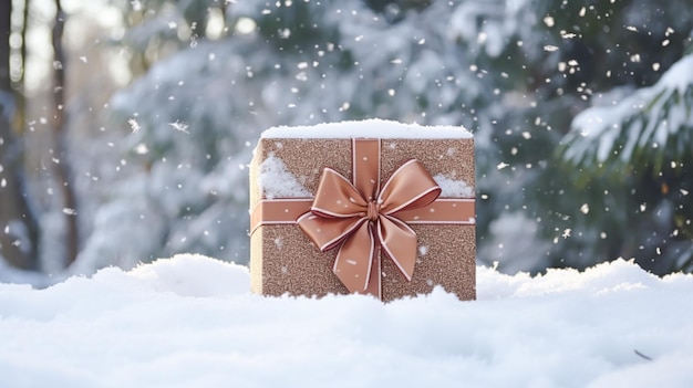 Regalo navideño y caja de regalo presente en la nieve en la naturaleza del campo de invierno nevado para el día del boxeo idea de venta de compras de vacaciones
