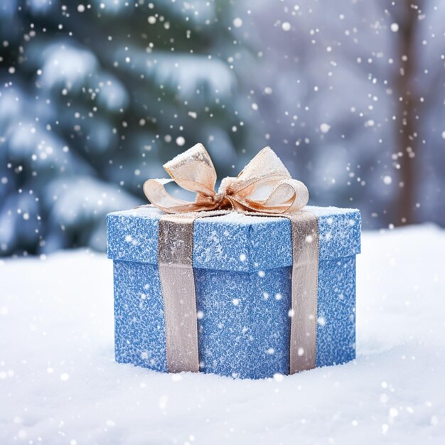 Regalo navideño y caja de regalo presente en la nieve en la naturaleza del campo de invierno nevado para la venta de compras de vacaciones del día del boxeo