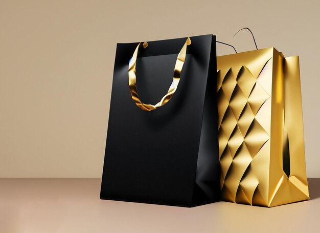 Foto regalo negro y dorado y bolsa de compras roja.