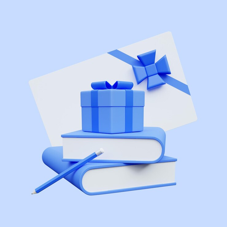 Un regalo con papelería y un certificado para comprar para la escuela en un fondo azul aislado