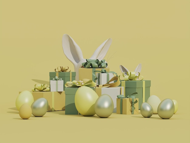 Foto regalo de pascua con conejo y huevos de pascua diseño del día de pascua en fondo amarillo pastel vacaciones
