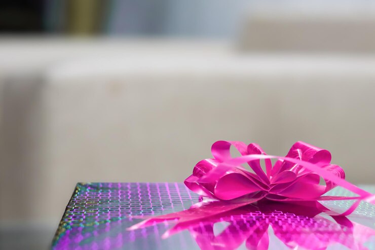 Regalo de primer plano con cinta de color rosa y envoltura brillante