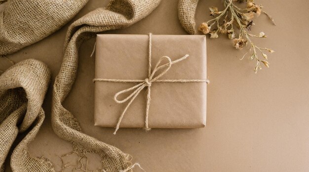 Regalo rústico envuelto en papel marrón con lazo de hilo y flores secas