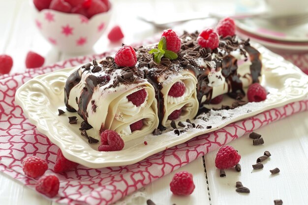 Un regalo único de cannelloni de chocolate blanco y oscuro con delicada mousse de mascarpone y frambuesa fresca