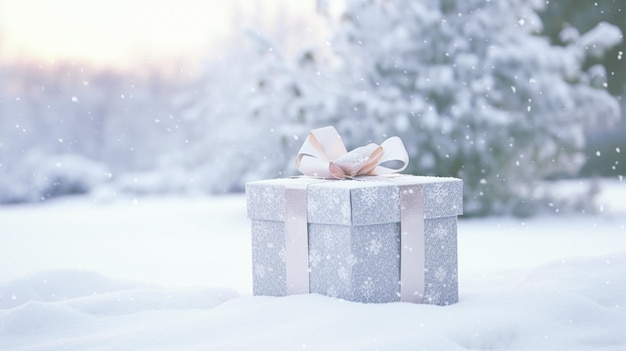 Foto regalo de vacaciones de navidad y caja de regalos de regalo en la nieve en la nevada campo de invierno naturaleza para el día de boxeo vacaciones venta de compras