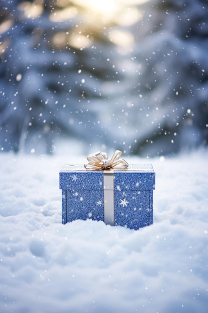 Regalo de vacaciones de Navidad y caja de regalos de regalo en la nieve en las nevadas de invierno el campo de la naturaleza para el día de boxeo vacaciones de compras idea de venta