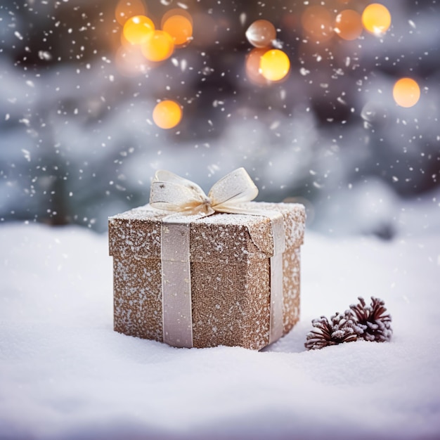 Regalo de vacaciones de Navidad y caja de regalos de regalo en la nieve en las nevadas de invierno el campo de la naturaleza para el día de boxeo vacaciones de compras idea de venta