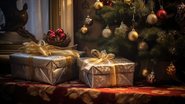 regalos bajo un árbol de Navidad con un árbol de navidad en el fondo.