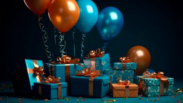 Regalos bellamente envueltos con cintas y globos sobre fondo azul oscuro Moody Día del padre masculino y cumpleaños de niños Ilustrador de AI generativo de color