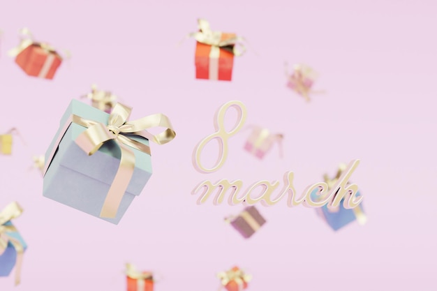 Regalos para las cajas de regalo del 8 de marzo y la inscripción del 8 de marzo en un render 3D de fondo pastel