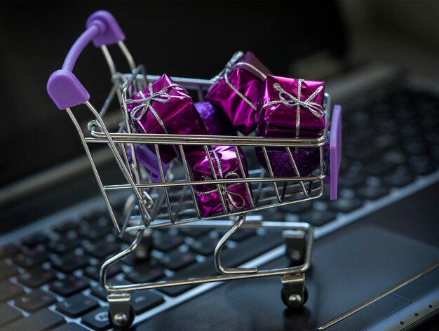 Foto regalos de compras navideñas en línea en el carrito de compras en el teclado de la computadora portátil