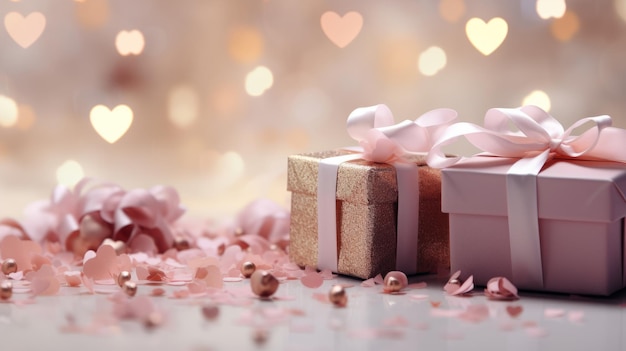 Regalos y corazones rosados en un fondo bokeh para una boda con espacio de copia