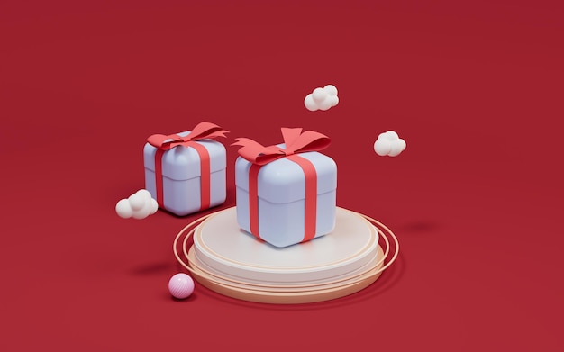 Regalos y escenario con renderizado 3d de fondo rojo