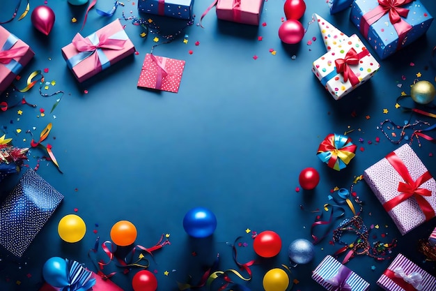 Regalos de fiesta de cumpleaños sombreros decoración en el lado izquierdo en fondo azul de medianoche