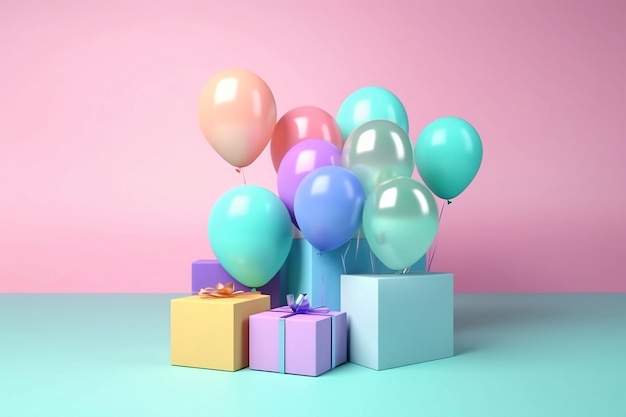 regalos y globos en un fondo de colores pastel