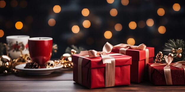 Foto regalos con luces de navidad en una mesa de madera