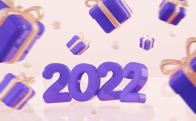 Foto regalos de navidad para el 2022. regalos púrpuras dispersos volando. representación 3d