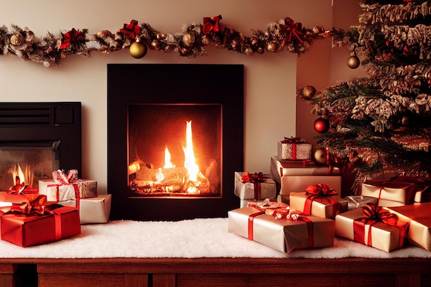 Regalos de Navidad con adornos en la mesa frente a la chimenea