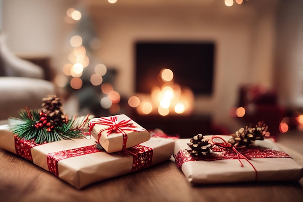 Regalos de Navidad con adornos en la mesa frente a la chimenea