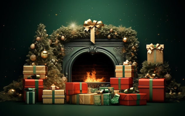 regalos de navidad alrededor de una chimenea con chimenea y chimenea.