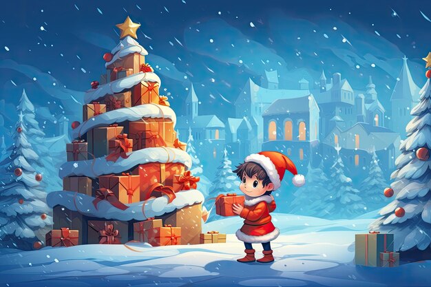 Foto regalos de navidad apilados en una forma de árbol de navidad festiva niño feliz con ilustración de caja de regalos