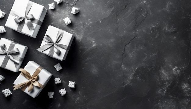 regalos de Navidad blancos en fondo de hormigón negro vista de mesa plana minimalismo