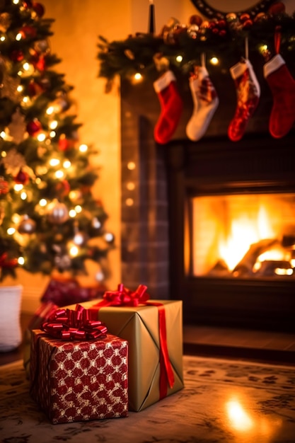 Regalos de Navidad, decoración de estilo rústico y decoración de ambiente acogedor en la casa de campo inglesa con árbol de Navidad y chimenea en el fondo, idea de vacaciones de invierno