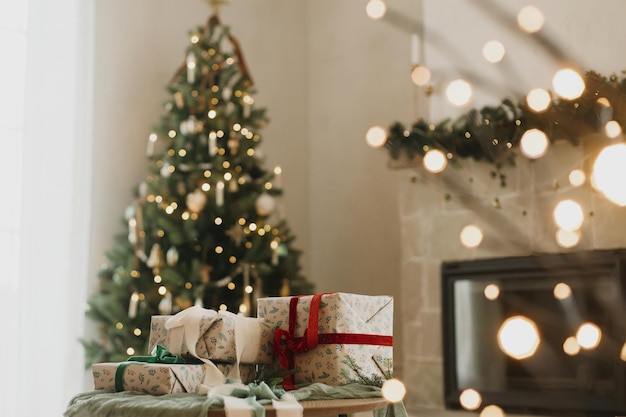 Regalos de Navidad envueltos con estilo con cinta en la mesa sobre el fondo de un árbol de Navidad decorado moderno con joyas vintage chimenea rústica y luces festivas Feliz Navidad y Felices Fiestas