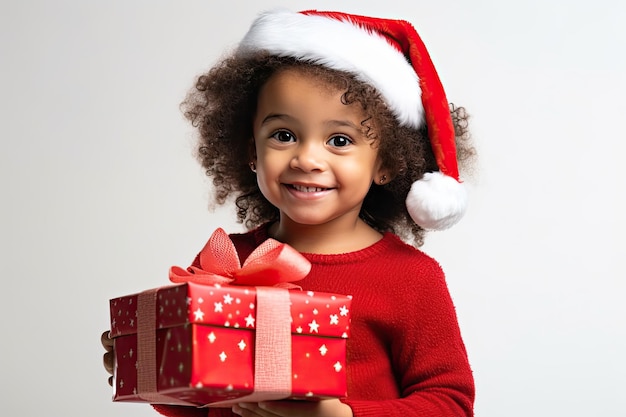 Regalos de Navidad Una feliz niña negra americana con un hermoso vestido rojo y gorro de Papá Noel