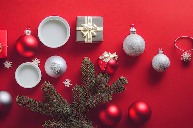 regalos de navidad en un fondo rojo con paquetes y piezas decorativas de motivos navideños