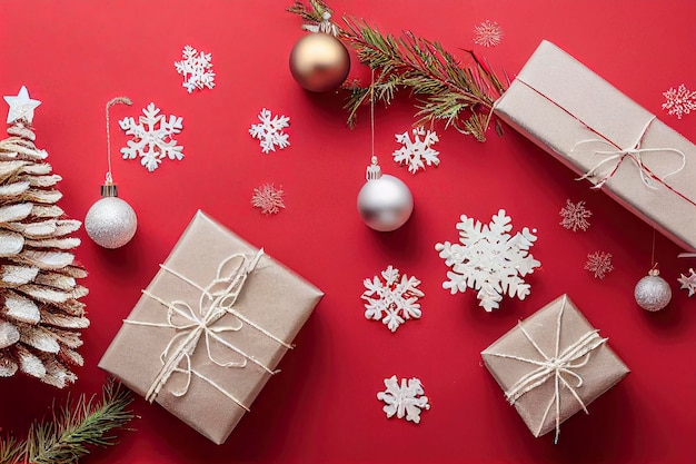 regalos de navidad en un fondo rojo con paquetes y piezas decorativas de motivos navideños