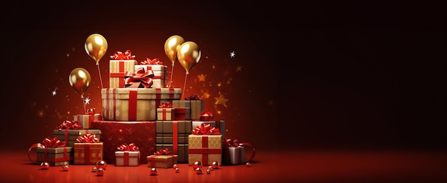 Regalos de Navidad y globos dorados sobre un fondo rojo con espacio para el texto