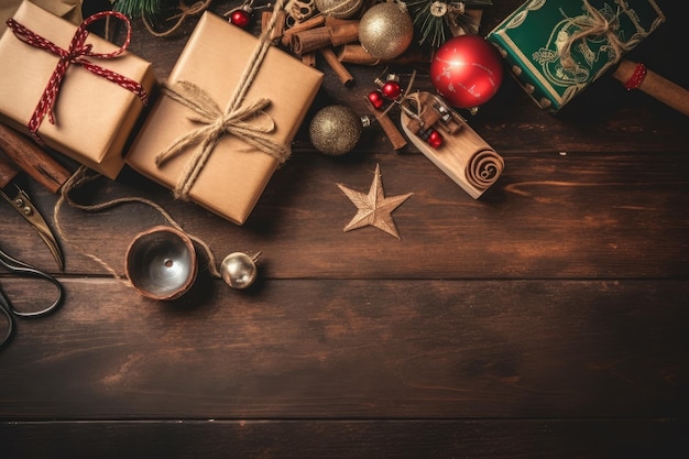 Regalos de navidad en una mesa de madera con un árbol de navidad y un árbol de navidad