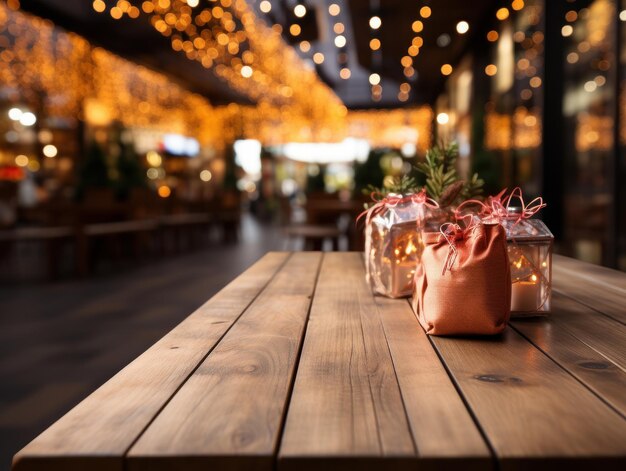 Regalos de navidad en mesa de madera