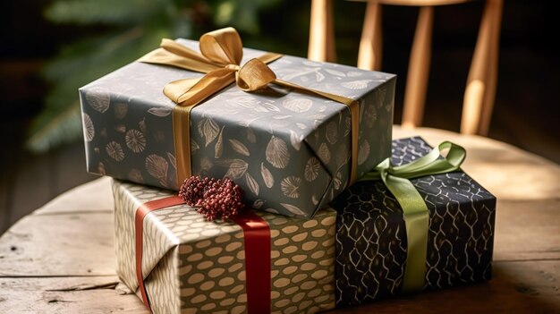 Regalos de Navidad y regalos de estilo rústico de casa de campo cajas de regalo para el día del boxeo de vacaciones y compras de vacaciones ai generativo