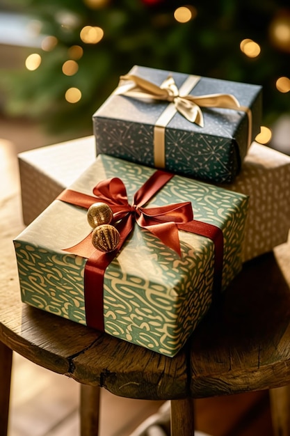 Regalos de Navidad y regalos de estilo rústico de casa de campo cajas de regalo para el día del boxeo de vacaciones y compras de vacaciones ai generativo