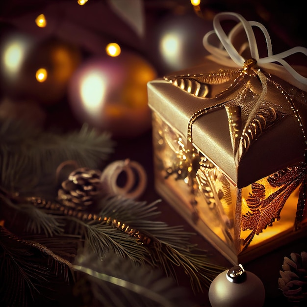Regalos de Navidad sobre fondo festivo Cajas de regalos en la mesa Ambiente navideño