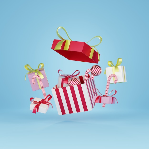 Regalos navideños flotantes abiertos 3d con bastón de caramelo y bolas navideñas