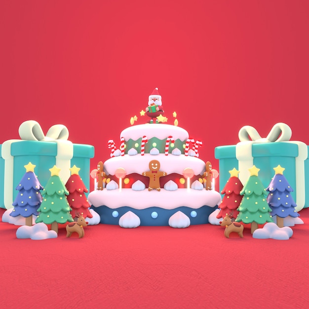Regalos y pastel de Navidad de dibujos animados 3D prestados.