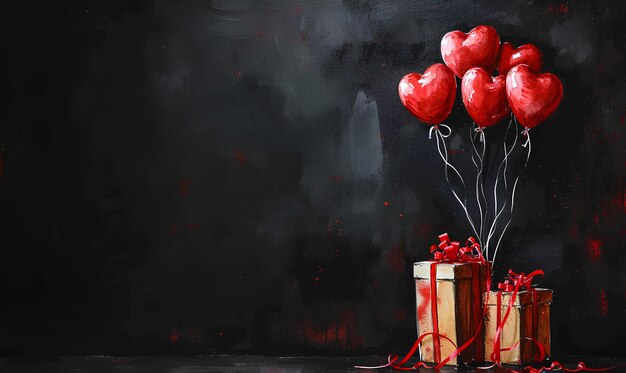 regalos de valentín y corazones rojos con globos en fondo negro día de valentí