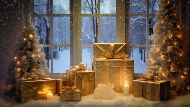 Foto regalos en una ventana iluminada por la luz de los copos de nieve