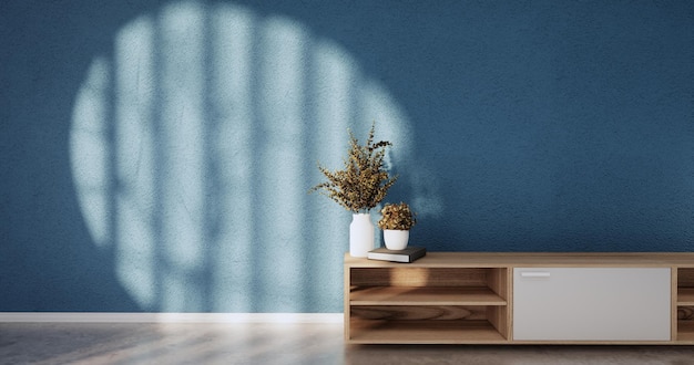 Regalschrank minimalistisch, modernes japanisches blaues Zimmer. 3D-Rendering