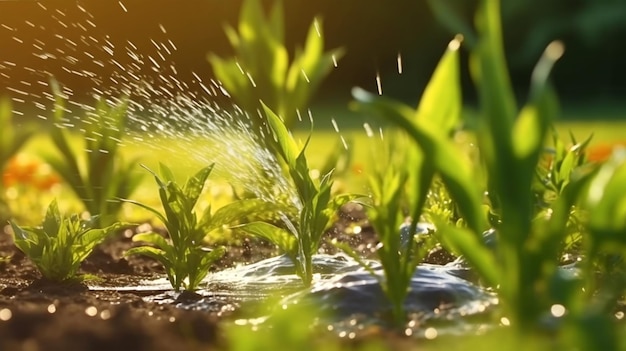 Regar plantas e vegetais no campo IA gerada em detalhe de irrigação por gotejamento