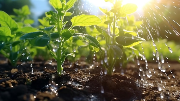 Regar plantas e vegetais no campo IA gerada em detalhe de irrigação por gotejamento