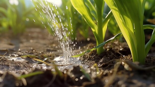 Regar plantas e vegetais no campo IA gerada em detalhe de irrigação por gotejamento