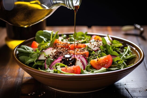 Regar uma salada com azeite e vinagre balsâmico