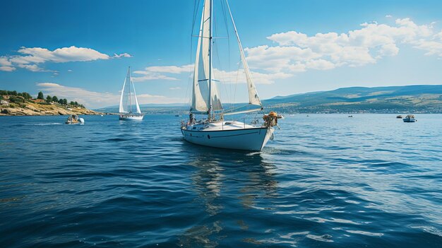 Regata de veleros con velas blancas en alta mar Vista aérea de un velero en un estado de viento Viaje de verano IA generativa