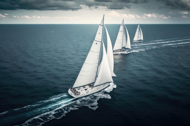 Regatta Segelschiff Yachten mit weißen Segeln auf offener See bei windigem Zustand AI Generation